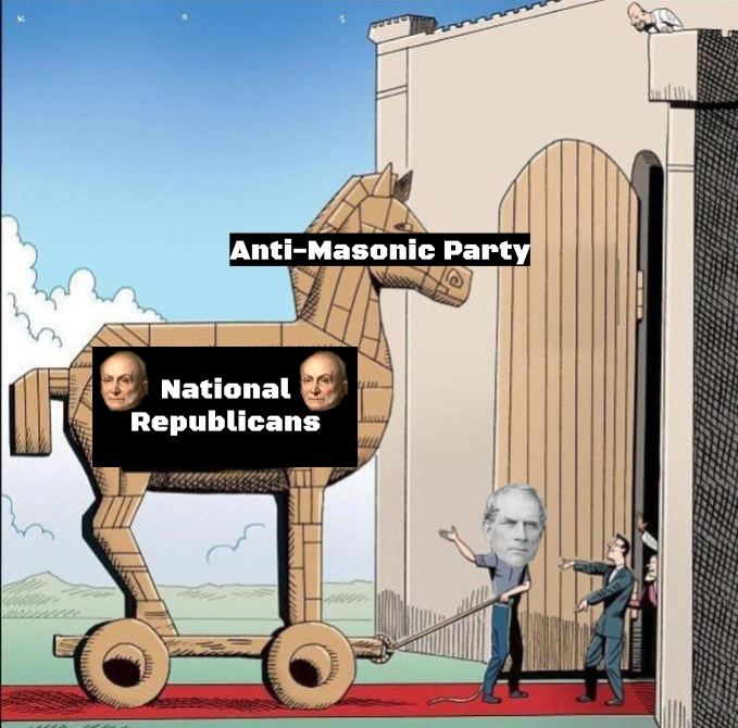A picture of Weed using the Anti-Masonic Party as a Trojan Horse